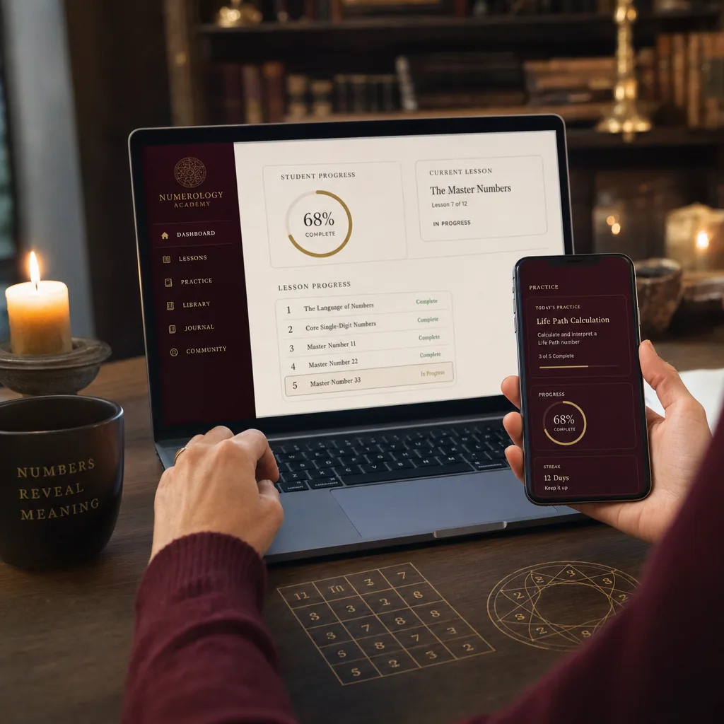 Inside the program: course dashboard with modules, lessons and reference guides